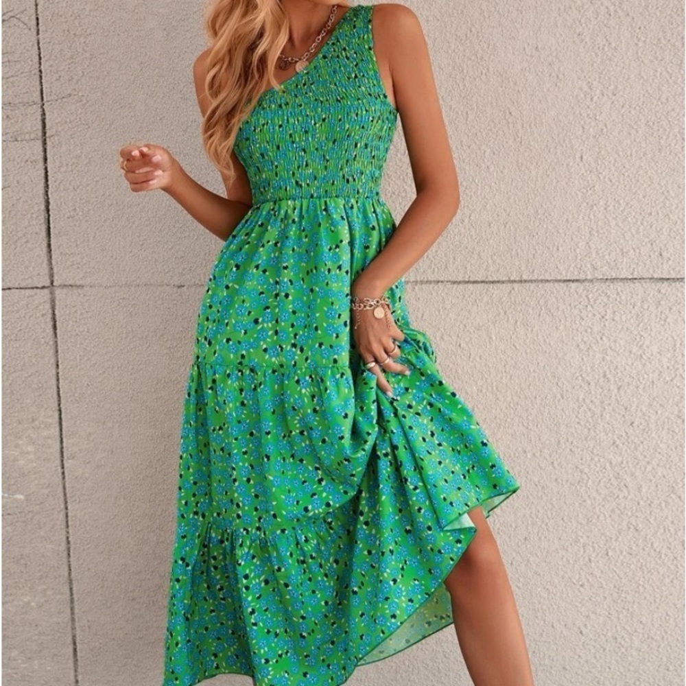 New One shoulder green floral sleeveless dress - Picture 6 of 6